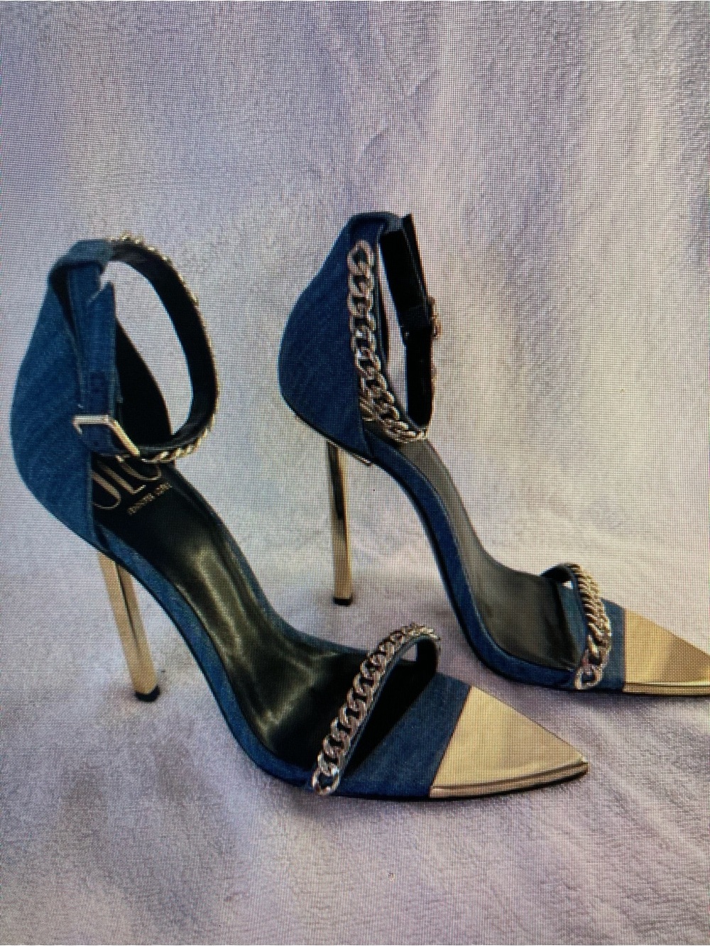 Denim Blue Chain-Trim Stiletto Sandals with Gold Toe